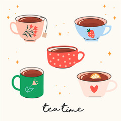 Hand drawn set with cups of tea. Flat design. Side view. Hand drawn colored trendy vector illustration. Cartoon style.