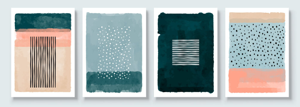 Set of Abstract Hand Painted Illustrations for Postcard, Social Media Banner, Brochure Cover Design or Wall Decoration Background. Modern Abstract Painting Artwork. Vector Pattern