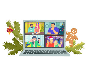 Christmas or New Year chatting with friends or family online.