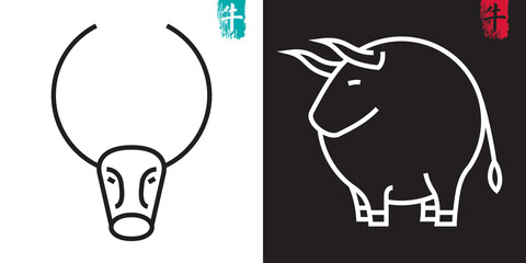  Ox and Bull Head with Horns Yin Yang Style Template Sharp Line Style Set and Year of Ox Chinese Character Logo - Black and White on Opposite Background - Contrast Graphic Design