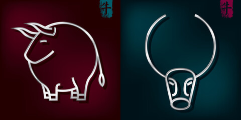 Ox and Bull Head with Horns Opposite Colors Template Metal Style Set and Year of Ox Chinese Character Logo - Chrome on Colored Background - Contrast Graphic Design