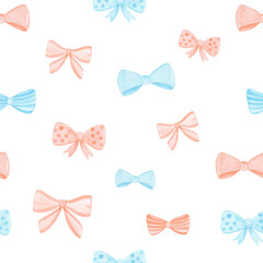 watercolor hand drawn blue and orange bows seamless pattern on white background. For fabric,wrapping and scrapbooking paper,textile,cards