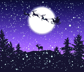 Obraz na płótnie Canvas elk watching Santa Claus and his reindeer sleigh flying over the forest, snowy Christmas night
