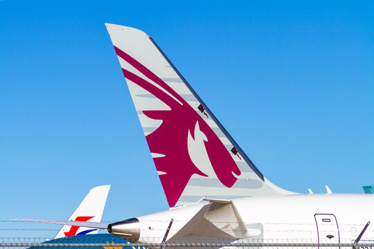 Victorville, CA, USA – December 22, 2020: The tailplane of commercial aircraft with the logo for Qatar Airways parked at the Southern California Logistics Airport in Victorville, California. 