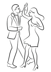 Beautiful young couple. The girl and the guy are dancing. Creative art. Graphic image. Vector illustration.