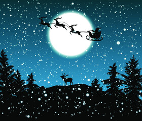 Obraz na płótnie Canvas vector illustration of Santa Claus on the sleigh, night sky, and elk in the forest, snowy Christmas 