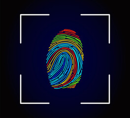 Editable vector outline image of rainbow fingerprint isolated on dark background. Finger scan identification system. Digital security concept. Vector illustration of Eps10 file. Editable stroke.