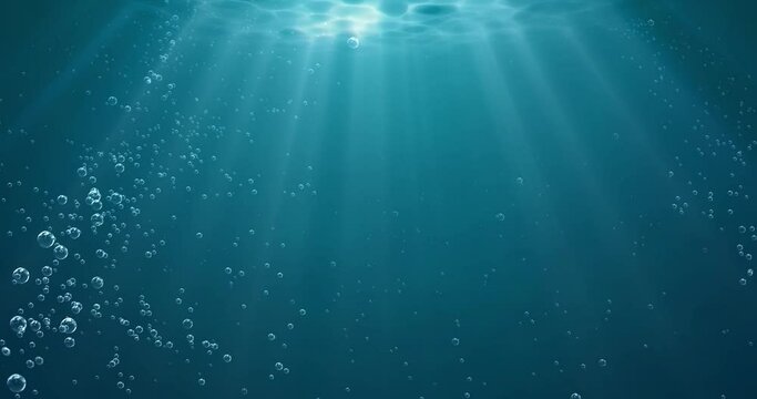 Underwater background with water bubbles and undersea light rays shine