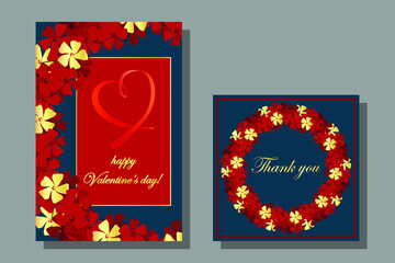 Set of cards Happy Valentine's Day. In blue and red, gold. Vector stock illustration eps10.