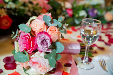 peach wedding rose bouquet . Bouquet of orange roses. wedding on a bouquet of flowers.