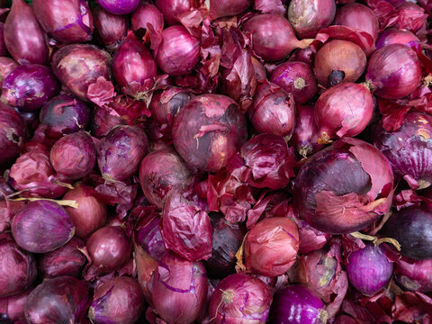 purple onions in the supermarket, on the counter