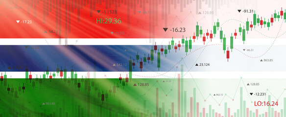 Creative (Gambia) flag banner with stock exchange market ,Graph chart of stock market investment world trading, 3D illustration.