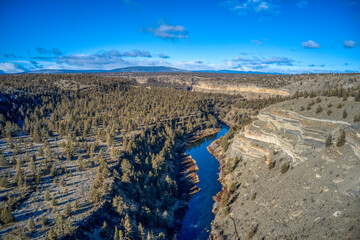 Aerial view of the Deschutes River at Steelhead Falls near Bend, Oregon.