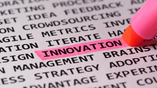 Word Innovation highlighted with a pink marker. Highlighter among different Innovation association terms