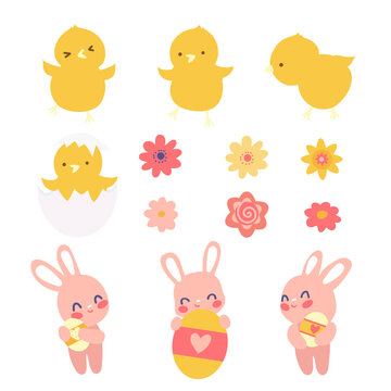 
chicken bunnys and flowers  on the white background