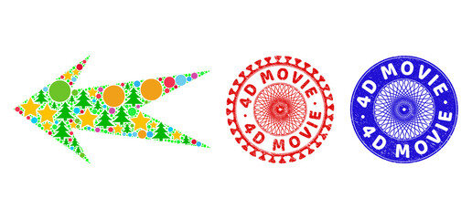 Arrow left mosaic of Christmas symbols, such as stars, fir trees, multicolored spheres, and 4D MOVIE textured watermarks. Vector 4D MOVIE watermarks uses guilloche pattern,