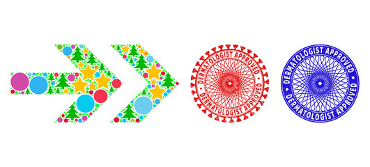 Arrow right composition of Christmas symbols, such as stars, fir-trees, multicolored circles, and DERMATOLOGIST APPROVED corroded stamp imitations.