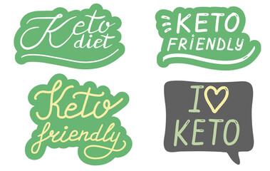 Keto Diet, friendly, lettering calligraphy set. Ketogenic food concept. Logo, badge, poster, banner template. Lettering calligraphy collection. Vector handwritten brush trendy sticker with text 
