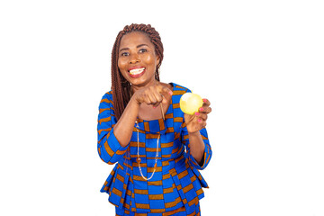 beautiful adult business woman pointing finger at fresh apple