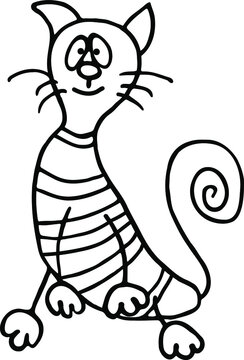 Cute cat in doodle art style. Simple black and white picture. Isolate. Vector image.
