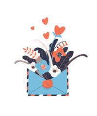 Open love letter with flowers inside over envelope vector illustration