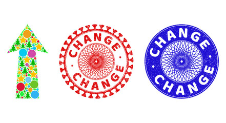 Fototapeta premium Arrow up composition of New Year symbols, such as stars, fir trees, bright circles, and CHANGE textured seals. Vector CHANGE stamp seals uses guilloche pattern, designed in red and blue versions.