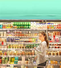 Woman choosing a dairy products at supermarket.