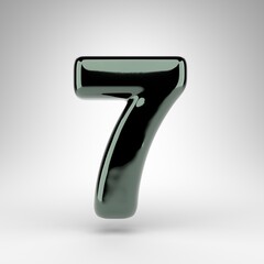 Number 7 on white background. Green chrome 3D number with glossy surface.