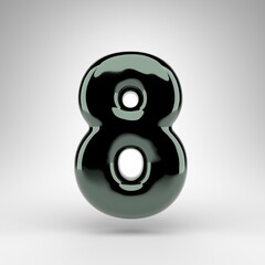 Number 8 on white background. Green chrome 3D number with glossy surface.