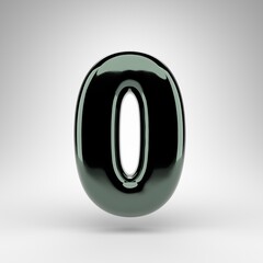 Number 0 on white background. Green chrome 3D number with glossy surface.