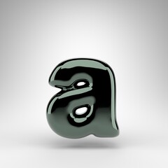 Letter A lowercase on white background. Green chrome 3D letter with glossy surface.