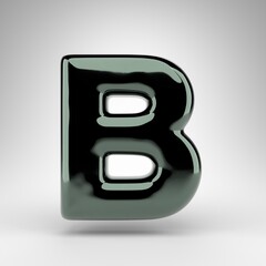 Letter B uppercase on white background. Green chrome 3D letter with glossy surface.