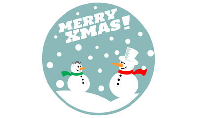 Two snowmen with scarves, large and small, on a snowy slope during a snowfall. The inscription Merry Christmas above them