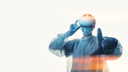 woman doctor in a helmet of viotual reality with manipulators in hands on a white background. the concept of conducting remote operations using modern VR technologies