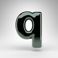 Letter Q lowercase on white background. Green chrome 3D letter with glossy surface.