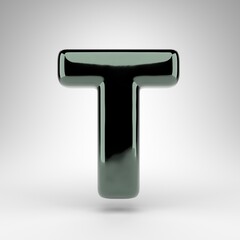 Letter T uppercase on white background. Green chrome 3D letter with glossy surface.