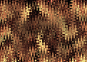 Gold liquid digital art background with zigzag waves. Golden abstract lines background. Glowing texture. Shining pattern.