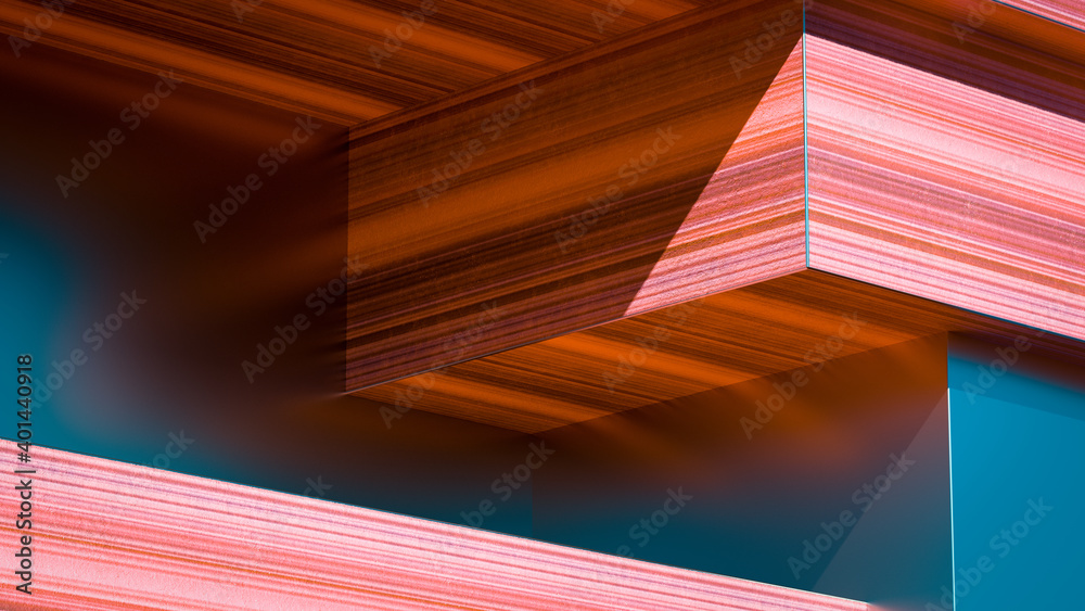 Poster geometric shapes, big angular architectural figures colorful cubes, blocks structure, 3d rendering