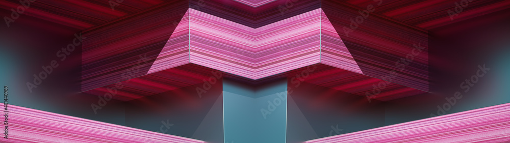 Poster geometric shapes, big angular architectural figures colorful cubes, blocks structure, 3d rendering