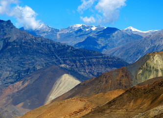 Himalayan mountains Nepal, majestic Himalayas range landscape, awe wilderness desert nature, spectacular heaven sky clouds. Awe Annapurna circuit.