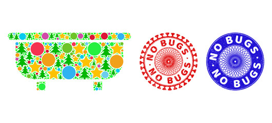 Fototapeta premium Bathtub mosaic of New Year symbols, such as stars, fir-trees, multicolored circles, and NO BUGS dirty seals. Vector NO BUGS seals uses guilloche pattern, designed in red and blue variants. Stars,