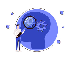 Psychology as open mind therapy to solve emotional inner mess tiny person concept. Symbolic head research scene as specialist session visit for anxiety and frustration help support vector illustration