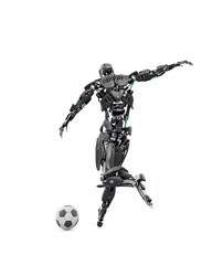 master cyber robot is kicking the football ball rear view