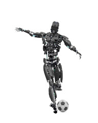master cyber robot is kicking the football ball