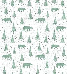 Naklejka premium Vector seamless pattern of mint hand drawn doodle sketch bear and forest spruce tree isolated on white background