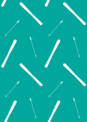 Vector seamless pattern of white flat cartoon skiing isolated on mint background