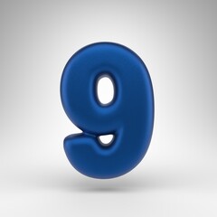 Number 9 on white background. Anodized blue 3D number with matte texture.