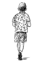 Sketch of little boy walking outdoor on summer day