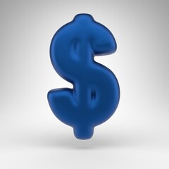 Dollar symbol on white background. Anodized blue 3D sign with matte texture.