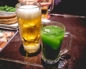 Big 1 liter beer jar and green tea alcohol, Tokyo, Japan